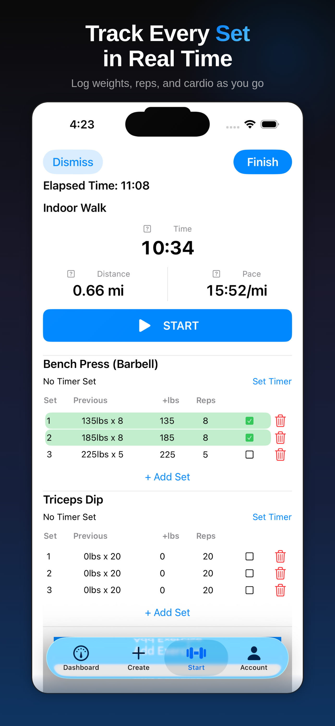 Live workout tracking with sets, reps, and rest timer