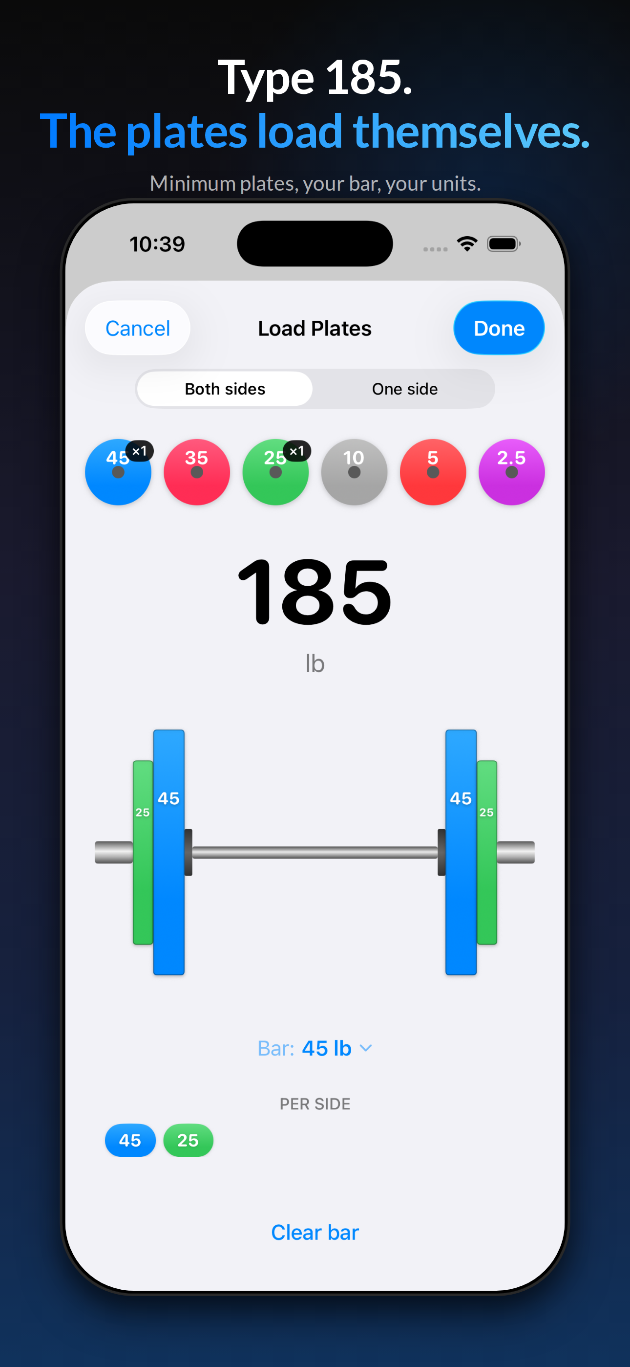 Plate Loading Sheet showing a barbell auto-loaded to a target weight
